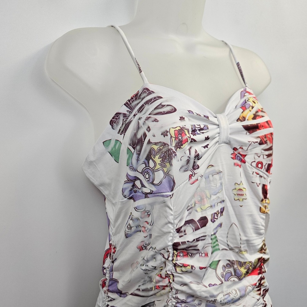 Y2K La Teen Mini Dress L White Pink Graphic Print Ruched Bodycon Babydoll NEW - Picture 9 of 12
